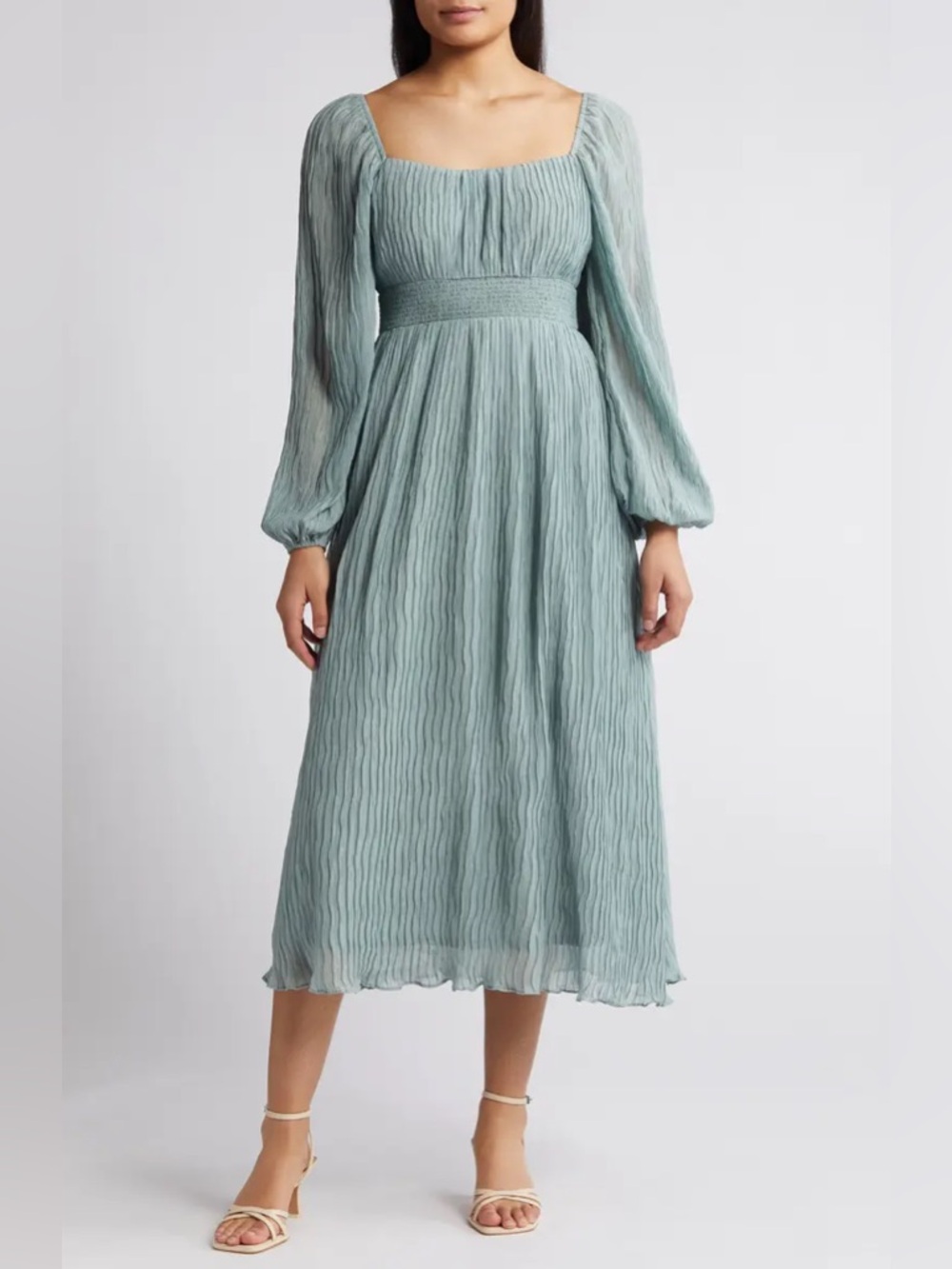 Zoe & Claire Pastel Seafoam Green Bubble Sleeve Smocked Midi Dress Size S